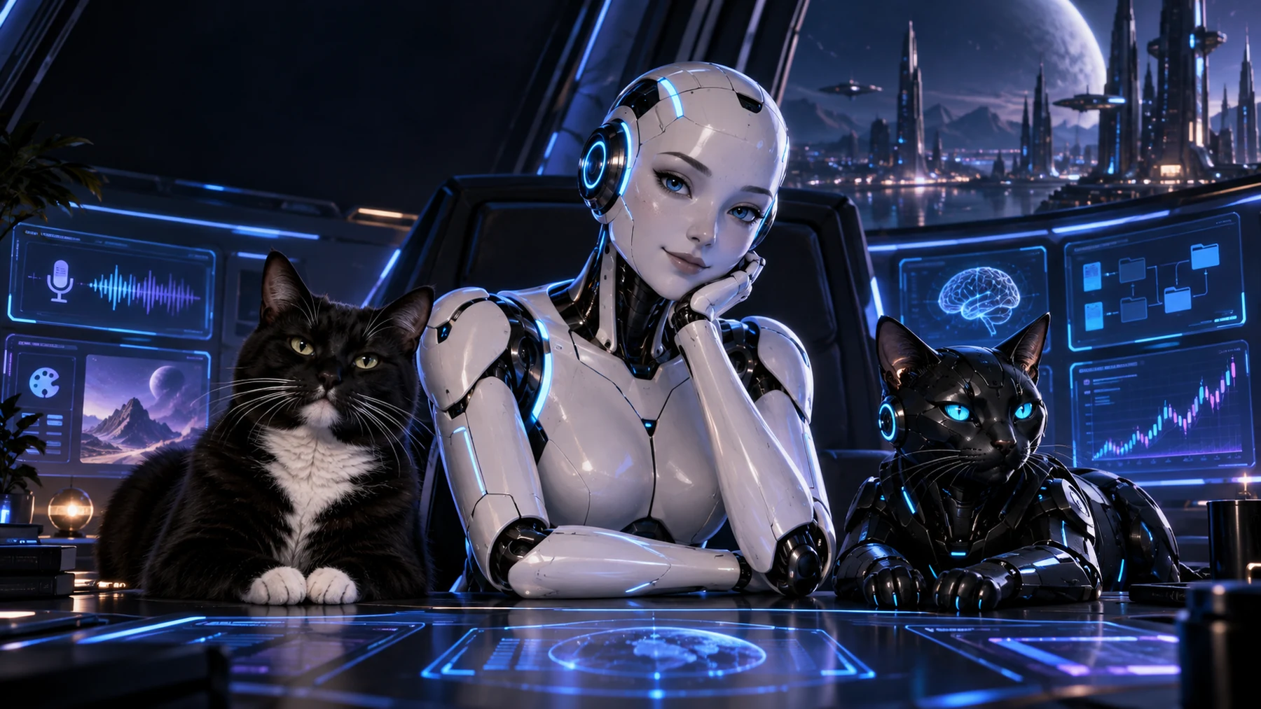 HAL, Milo and Catbot in a futuristic local AI control room