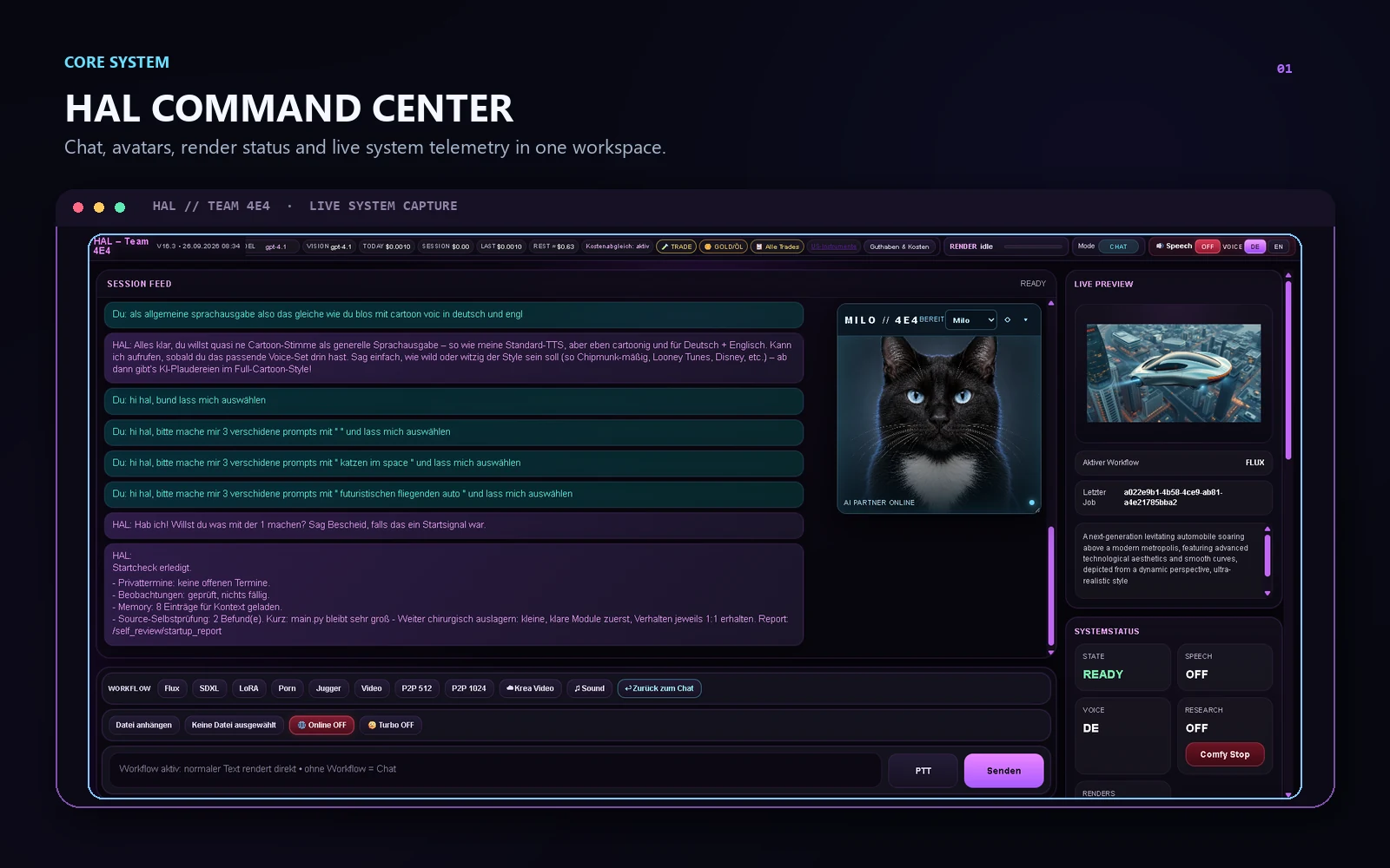 HAL command center with conversation, Milo avatar, live preview and system status