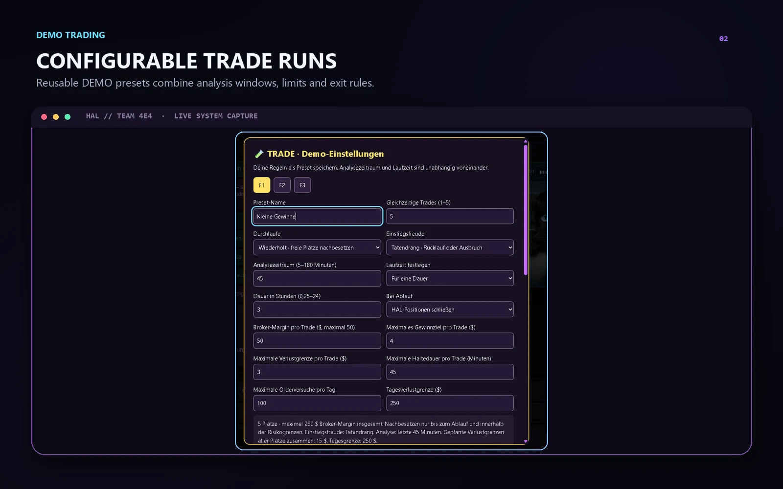 HAL general DEMO trade run settings
