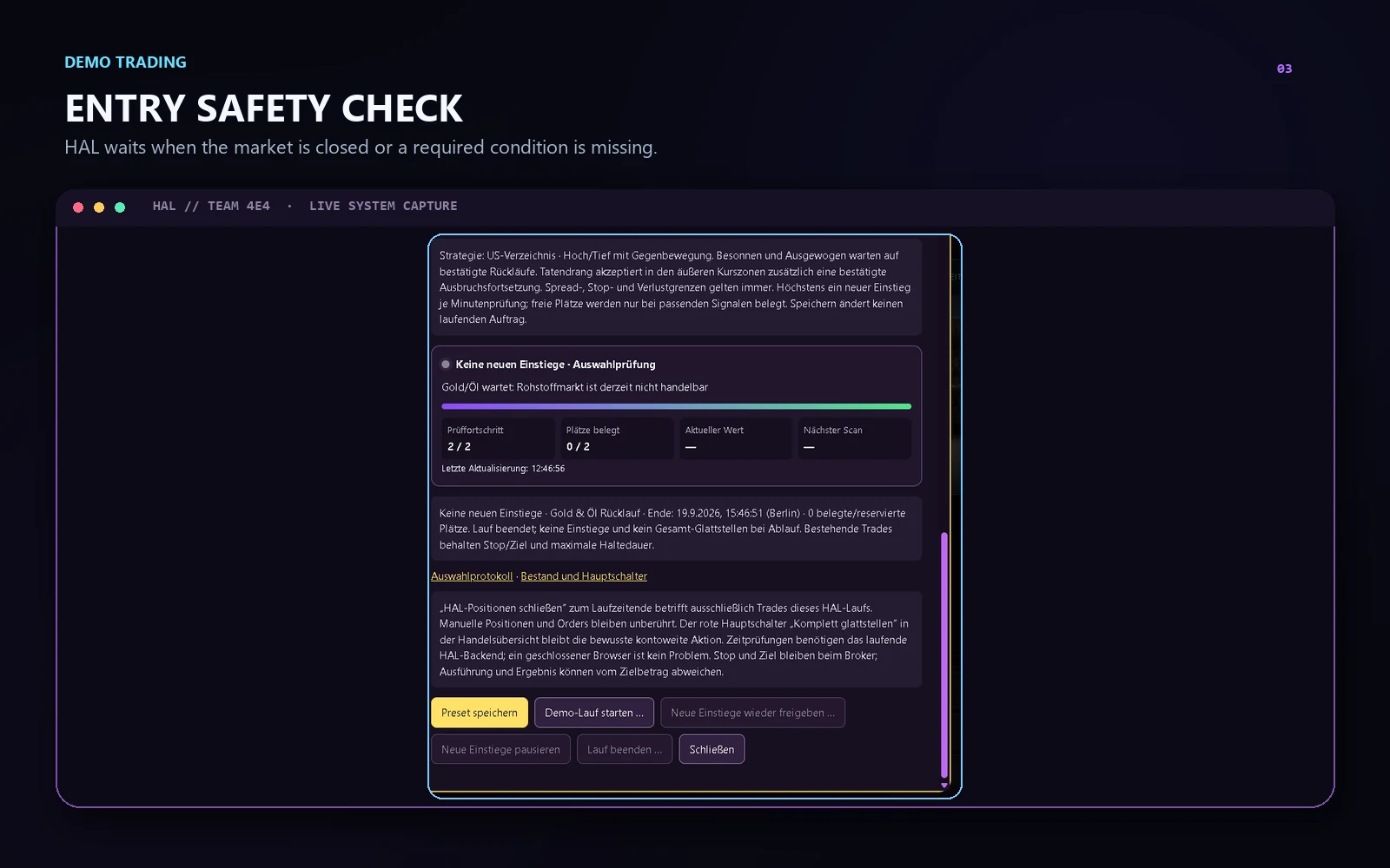 HAL DEMO trading entry safety check waiting for a tradeable market