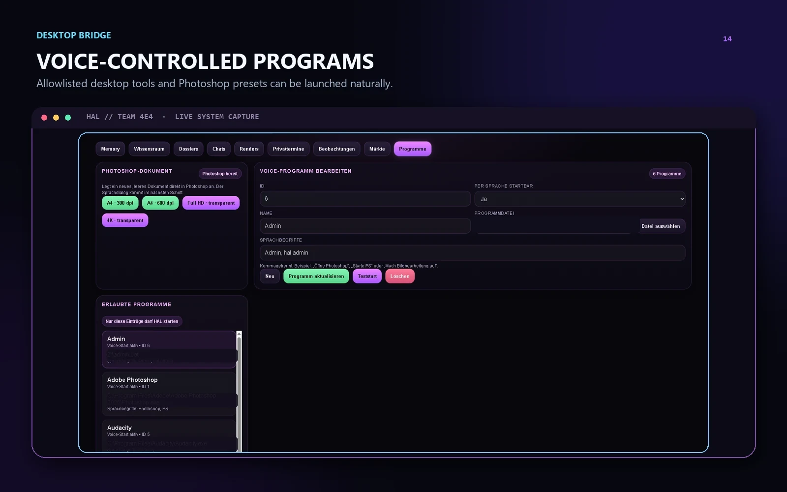 Allowlisted voice program launcher and Photoshop document controls