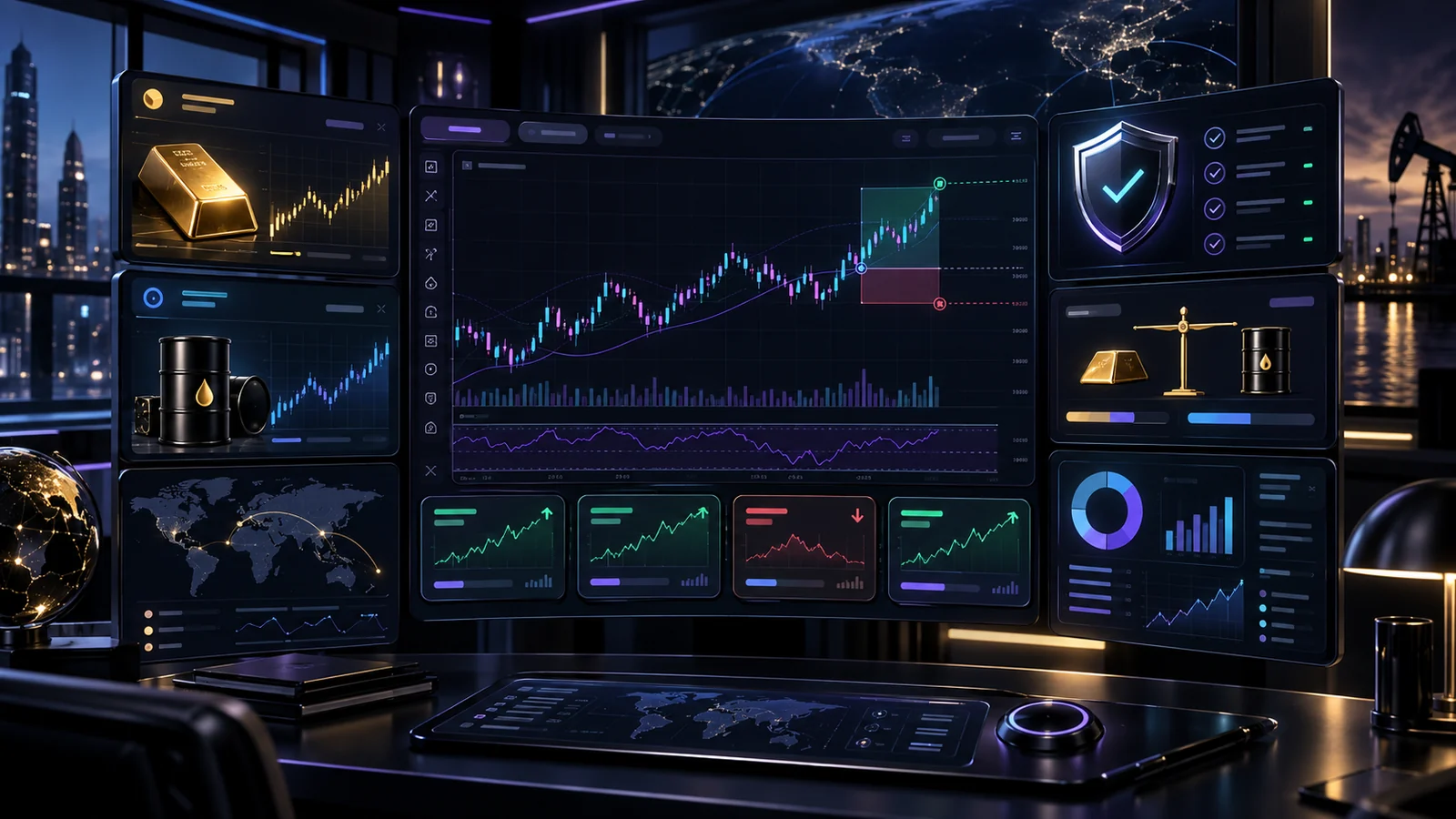 Concept illustration of HAL's gold and crude oil DEMO trading cockpit